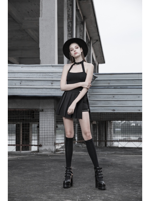 Metal Moon Pendant Black Punk Knit Halter Vest