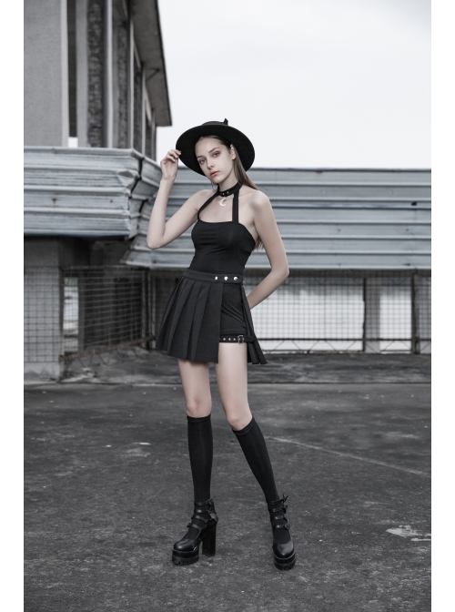 Metal Moon Pendant Black Punk Knit Halter Vest