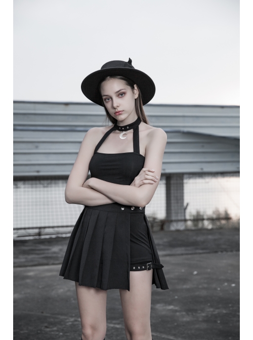Metal Moon Pendant Black Punk Knit Halter Vest