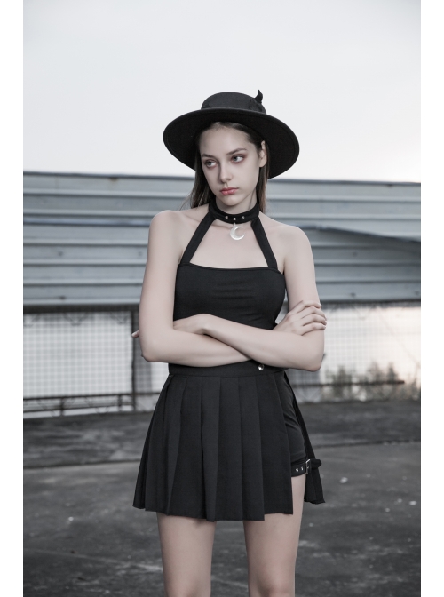 Metal Moon Pendant Black Punk Knit Halter Vest