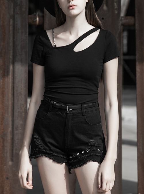Slanted Shoulder Collar Curved Hollow-Out Metal Chain Decoration Short Sleeve Black Punk Tight Knit T-Shirt