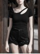 Slanted Shoulder Collar Curved Hollow-Out Metal Chain Decoration Short Sleeve Black Punk Tight Knit T-Shirt