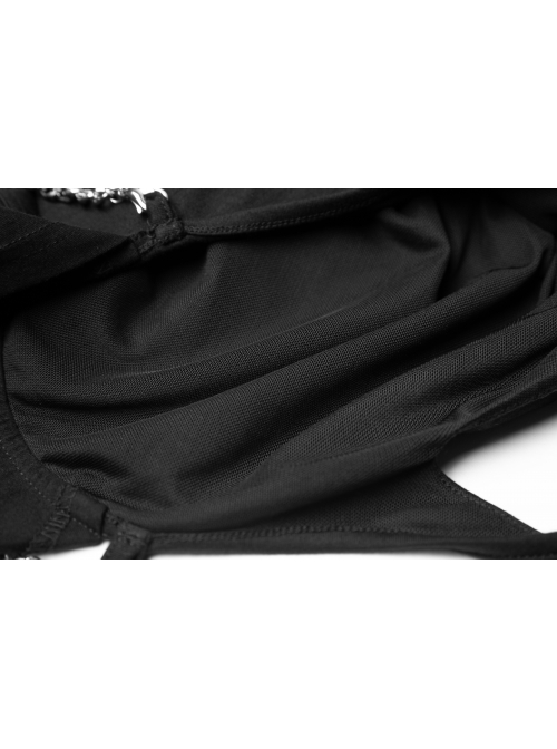 Slanted Shoulder Collar Curved Hollow-Out Metal Chain Decoration Short Sleeve Black Punk Tight Knit T-Shirt