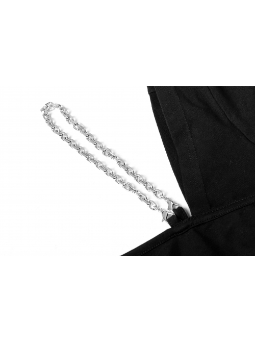 Slanted Shoulder Collar Curved Hollow-Out Metal Chain Decoration Short Sleeve Black Punk Tight Knit T-Shirt