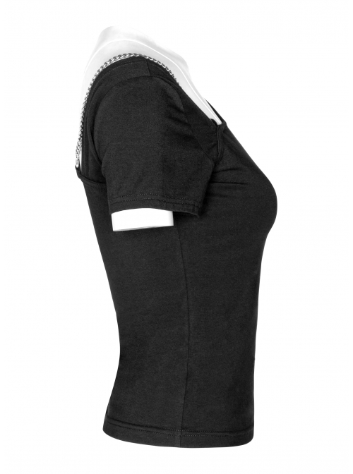 Slanted Shoulder Collar Curved Hollow-Out Metal Chain Decoration Short Sleeve Black Punk Tight Knit T-Shirt