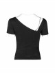 Slanted Shoulder Collar Curved Hollow-Out Metal Chain Decoration Short Sleeve Black Punk Tight Knit T-Shirt