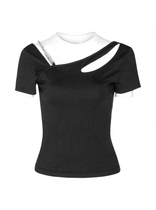 Slanted Shoulder Collar Curved Hollow-Out Metal Chain Decoration Short Sleeve Black Punk Tight Knit T-Shirt