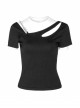 Slanted Shoulder Collar Curved Hollow-Out Metal Chain Decoration Short Sleeve Black Punk Tight Knit T-Shirt