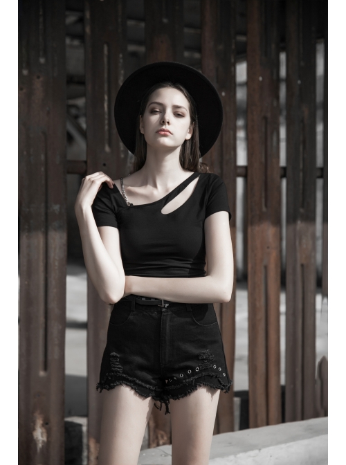 Slanted Shoulder Collar Curved Hollow-Out Metal Chain Decoration Short Sleeve Black Punk Tight Knit T-Shirt