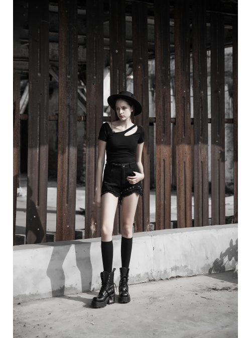 Slanted Shoulder Collar Curved Hollow-Out Metal Chain Decoration Short Sleeve Black Punk Tight Knit T-Shirt