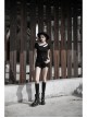 Slanted Shoulder Collar Curved Hollow-Out Metal Chain Decoration Short Sleeve Black Punk Tight Knit T-Shirt