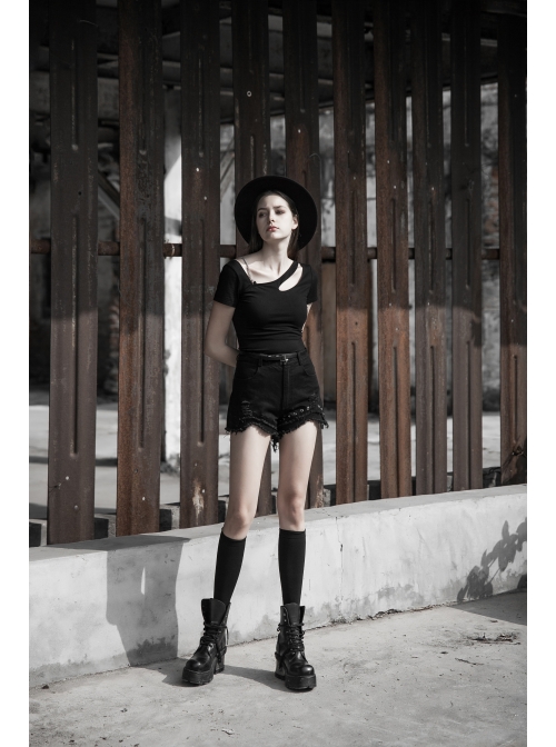 Slanted Shoulder Collar Curved Hollow-Out Metal Chain Decoration Short Sleeve Black Punk Tight Knit T-Shirt