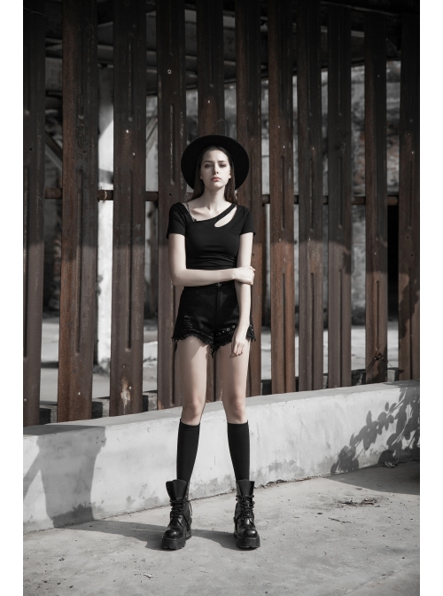 Slanted Shoulder Collar Curved Hollow-Out Metal Chain Decoration Short Sleeve Black Punk Tight Knit T-Shirt