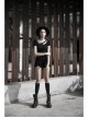 Slanted Shoulder Collar Curved Hollow-Out Metal Chain Decoration Short Sleeve Black Punk Tight Knit T-Shirt