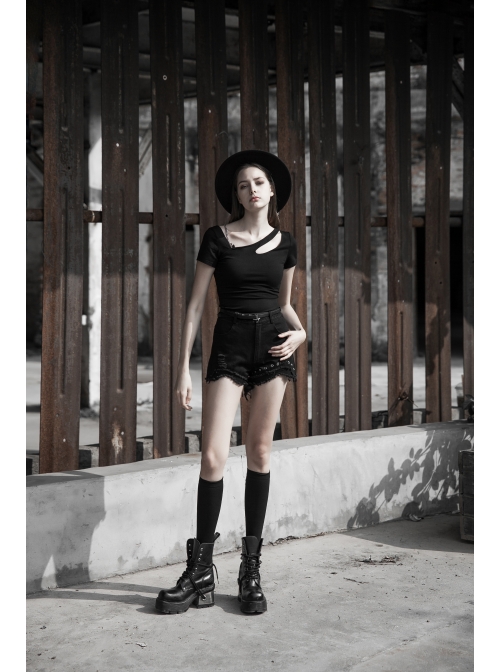 Slanted Shoulder Collar Curved Hollow-Out Metal Chain Decoration Short Sleeve Black Punk Tight Knit T-Shirt