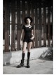 Slanted Shoulder Collar Curved Hollow-Out Metal Chain Decoration Short Sleeve Black Punk Tight Knit T-Shirt