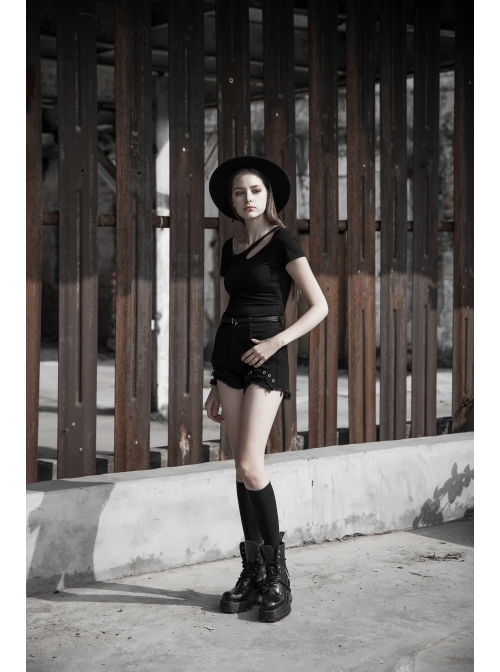 Slanted Shoulder Collar Curved Hollow-Out Metal Chain Decoration Short Sleeve Black Punk Tight Knit T-Shirt
