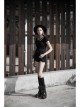 Slanted Shoulder Collar Curved Hollow-Out Metal Chain Decoration Short Sleeve Black Punk Tight Knit T-Shirt