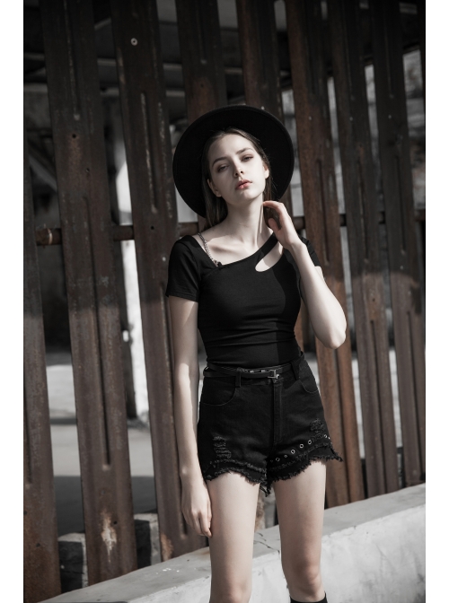 Slanted Shoulder Collar Curved Hollow-Out Metal Chain Decoration Short Sleeve Black Punk Tight Knit T-Shirt