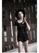 Slanted Shoulder Collar Curved Hollow-Out Metal Chain Decoration Short Sleeve Black Punk Tight Knit T-Shirt
