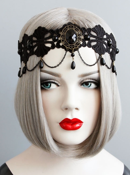 Personality Gothic Fashion Pearl Black Lace Hairband Elastic Cord Halloween Headband Accessories