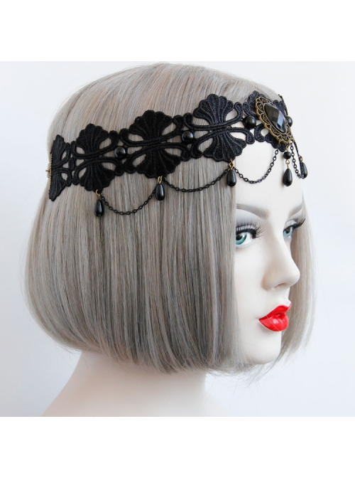 Personality Gothic Fashion Pearl Black Lace Hairband Elastic Cord Halloween Headband Accessories
