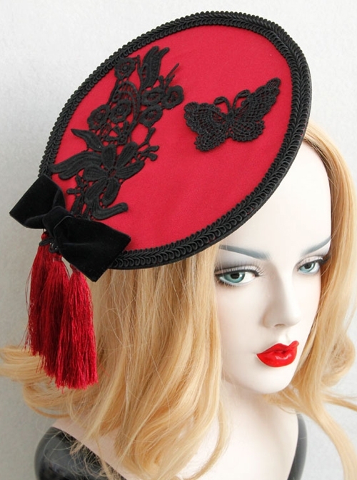 Individuality Retro Gothic Lace Butterfly Flannel Burgundy Tassel Bow Hat Hairpin