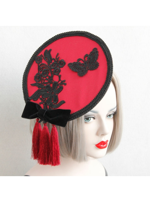 Individuality Retro Gothic Lace Butterfly Flannel Burgundy Tassel Bow Hat Hairpin