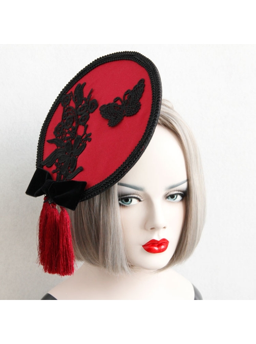 Individuality Retro Gothic Lace Butterfly Flannel Burgundy Tassel Bow Hat Hairpin