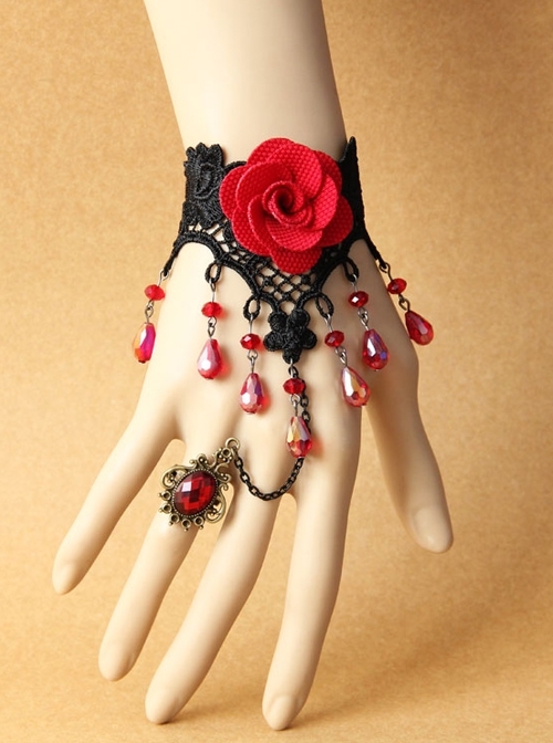 Gothic Red Rose Lace Crystal Bracelet Black Retro Finger Ring One Chain