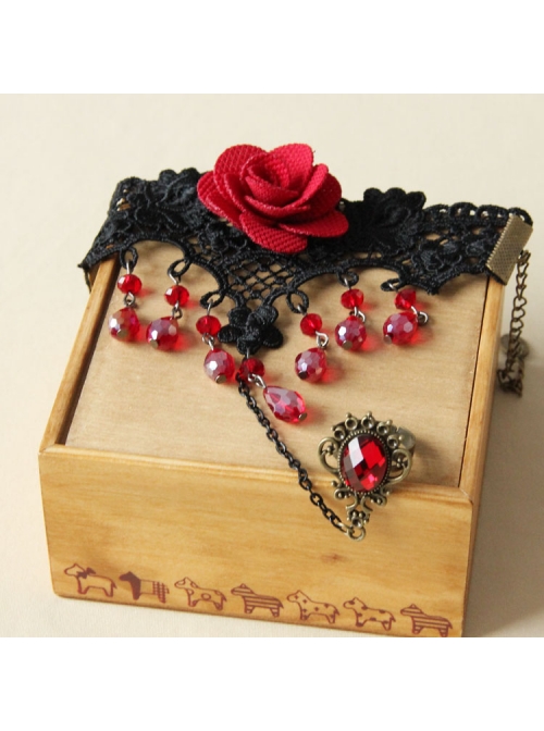 Gothic Red Rose Lace Crystal Bracelet Black Retro Finger Ring One Chain