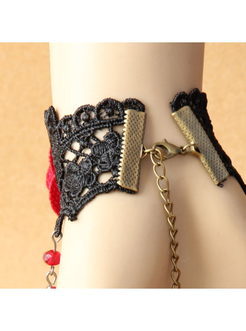 Gothic Red Rose Lace Crystal Bracelet Black Retro Finger Ring One Chain