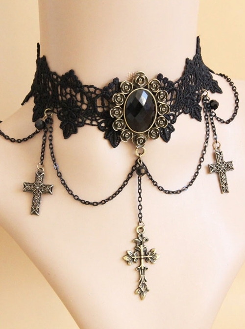 Black Retro Exaggerated Cross Collar Harajuku Style Lace Jewelry Choker