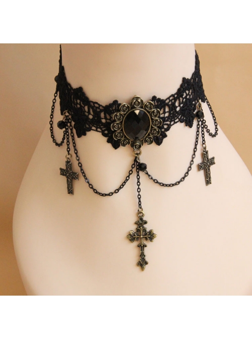 Black Retro Exaggerated Cross Collar Harajuku Style Lace Jewelry Choker