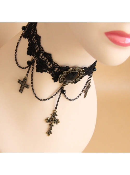 Black Retro Exaggerated Cross Collar Harajuku Style Lace Jewelry Choker