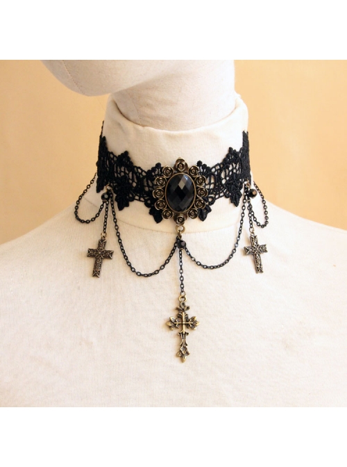 Black Retro Exaggerated Cross Collar Harajuku Style Lace Jewelry Choker
