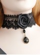 Retro Fashion Black Gothic Lace Rose Artificial Gem Pendant Necklace