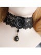 Retro Fashion Black Gothic Lace Rose Artificial Gem Pendant Necklace
