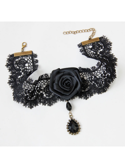 Retro Fashion Black Gothic Lace Rose Artificial Gem Pendant Necklace