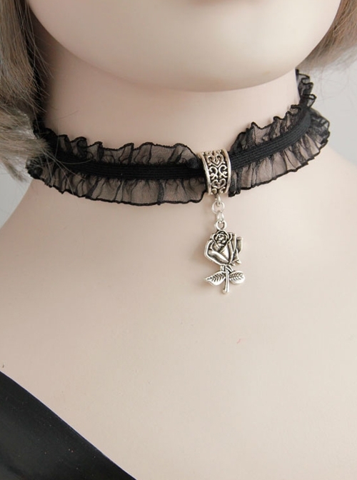Simple Gothic Black Personality Harajuku Style Lace Rose Pendant Short Chain Jewelry