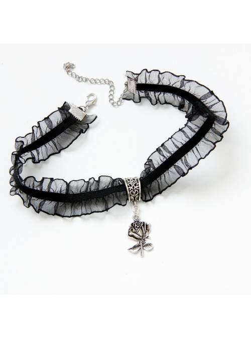 Simple Gothic Black Personality Harajuku Style Lace Rose Pendant Short Chain Jewelry