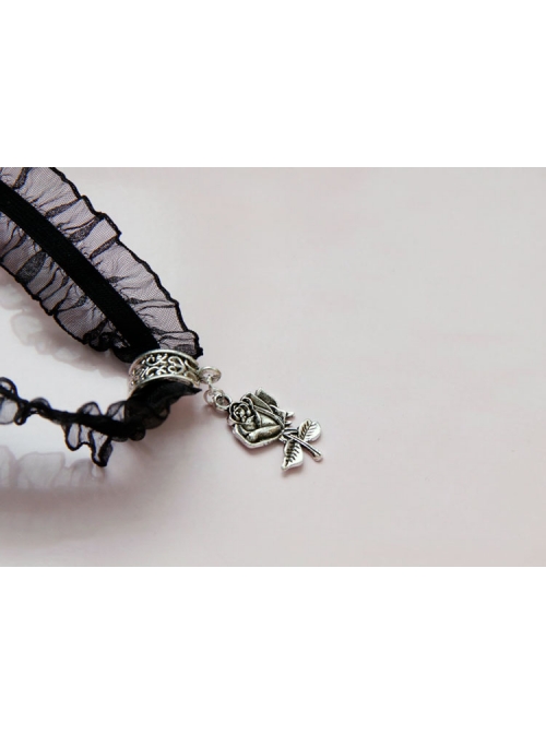 Simple Gothic Black Personality Harajuku Style Lace Rose Pendant Short Chain Jewelry