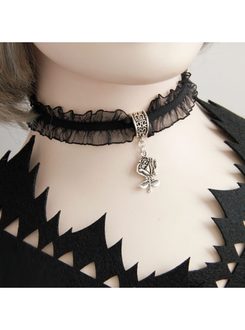 Simple Gothic Black Personality Harajuku Style Lace Rose Pendant Short Chain Jewelry