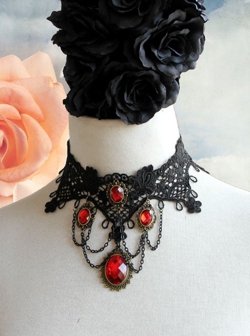 Punk Retro Vampire Black Lace Tassel Red Gem Exaggerated Necklace