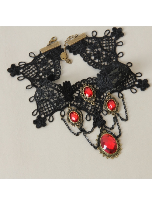 Punk Retro Vampire Black Lace Tassel Red Gem Exaggerated Necklace