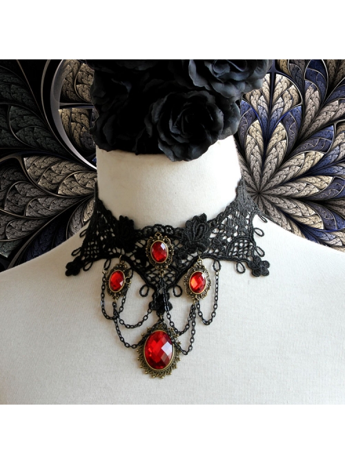 Punk Retro Vampire Black Lace Tassel Red Gem Exaggerated Necklace