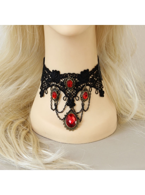Punk Retro Vampire Black Lace Tassel Red Gem Exaggerated Necklace