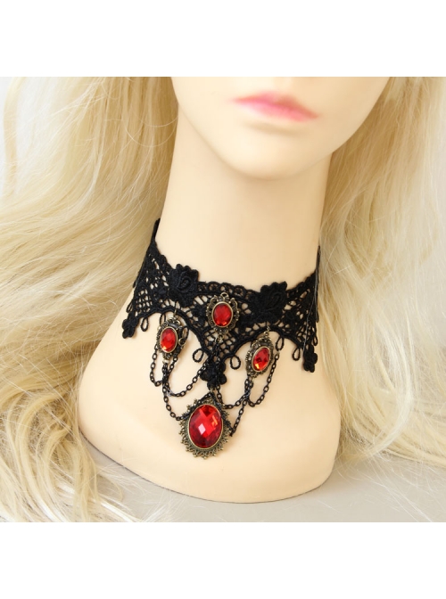 Punk Retro Vampire Black Lace Tassel Red Gem Exaggerated Necklace