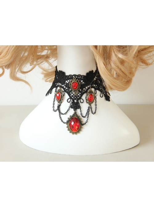 Punk Retro Vampire Black Lace Tassel Red Gem Exaggerated Necklace