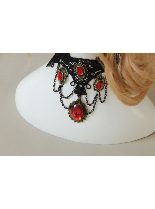 Punk Retro Vampire Black Lace Tassel Red Gem Exaggerated Necklace